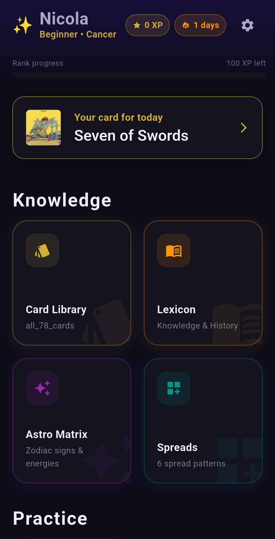 TarotPocket home screen